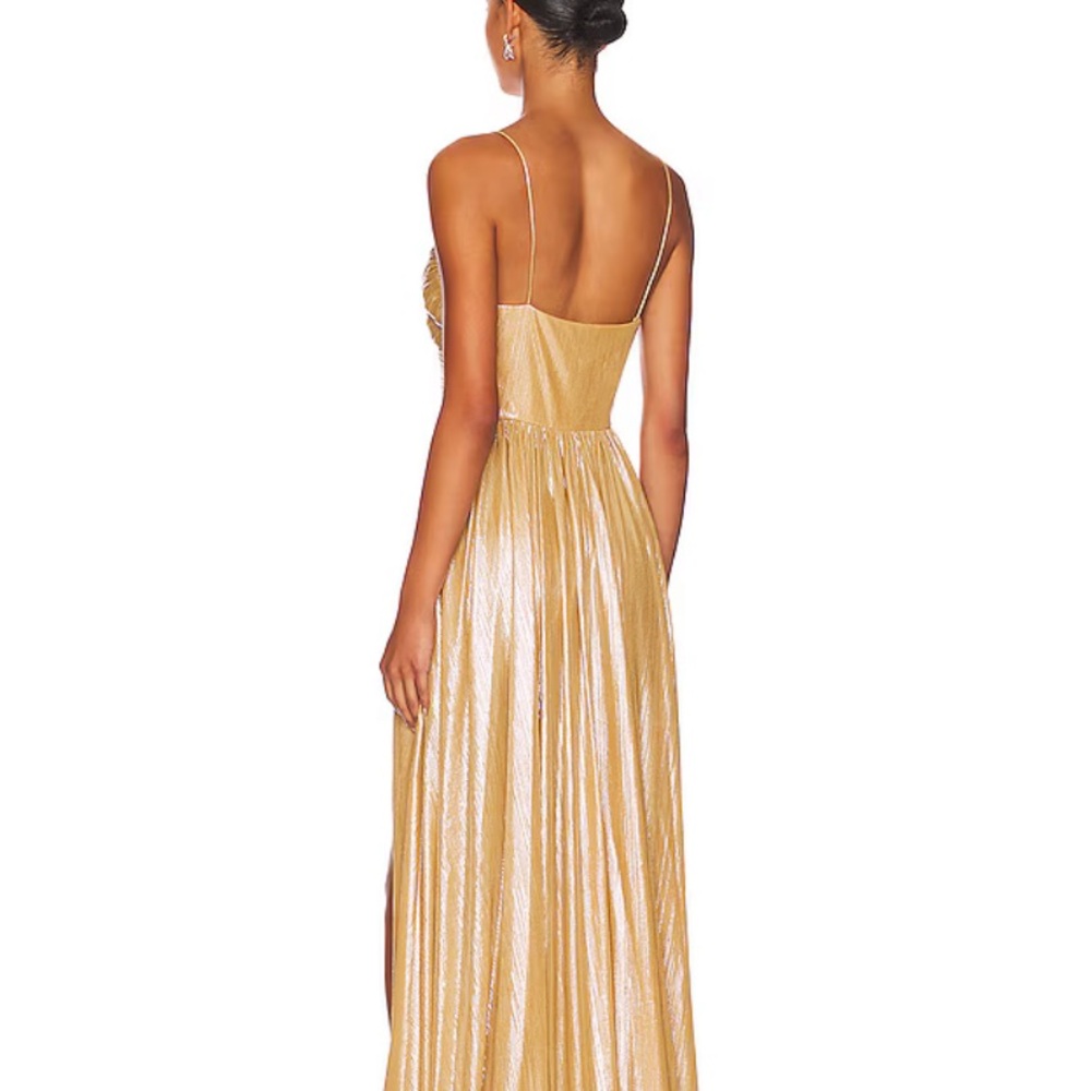 Retrofete Doss Dress Gold Metallic Ruched V-Neck Gown with Thigh Slit - Picture 3 of 10